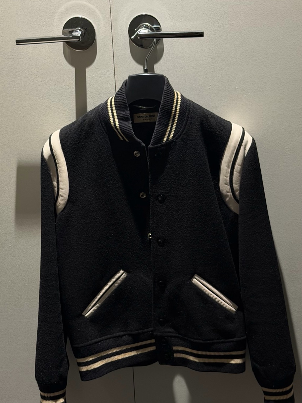 Saint Laurent Black and White Contrast Varsity Bomber Jacket